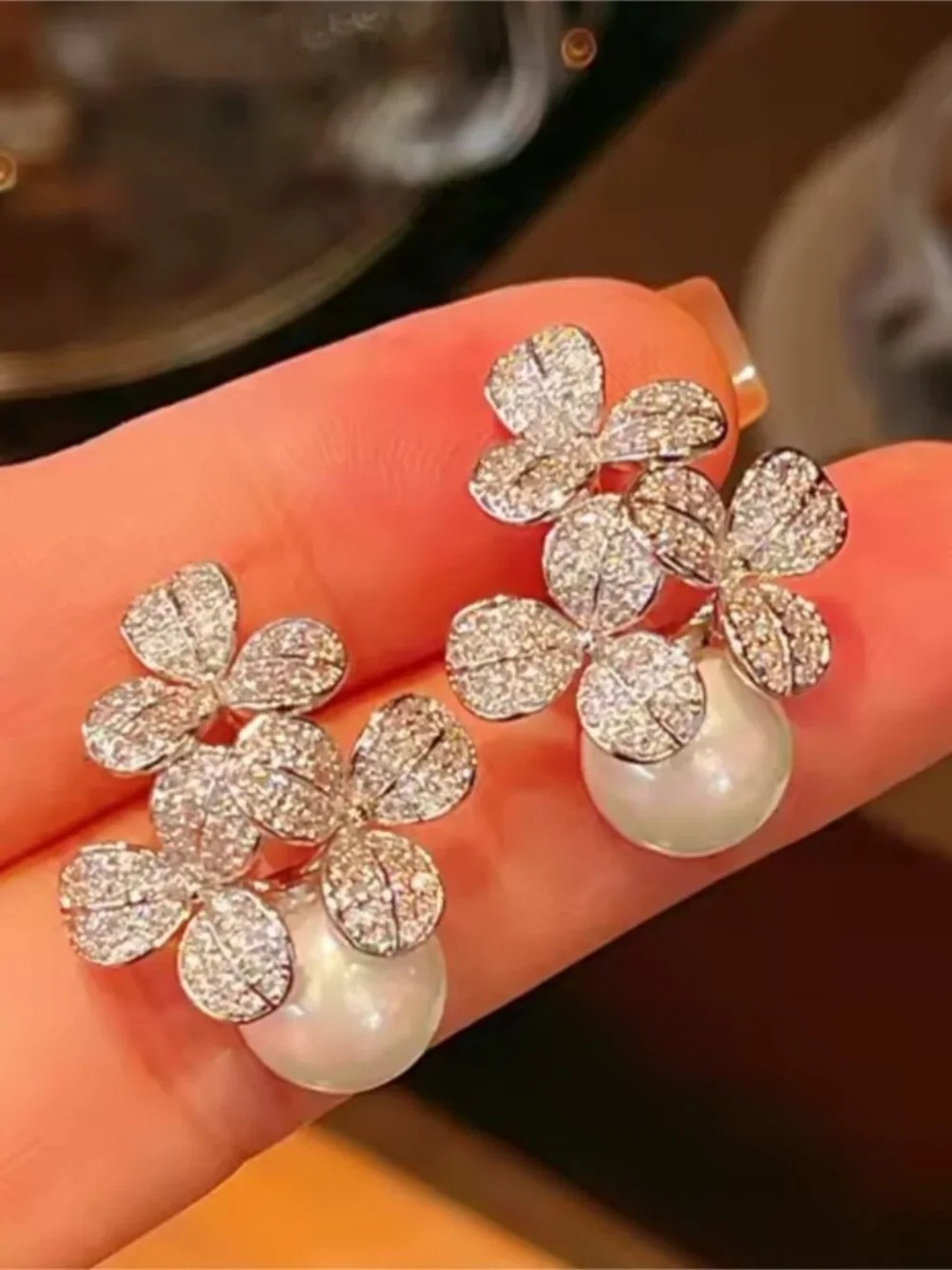 Pearl Drop Floral Crystal Stud Earrings - Women Jewelry